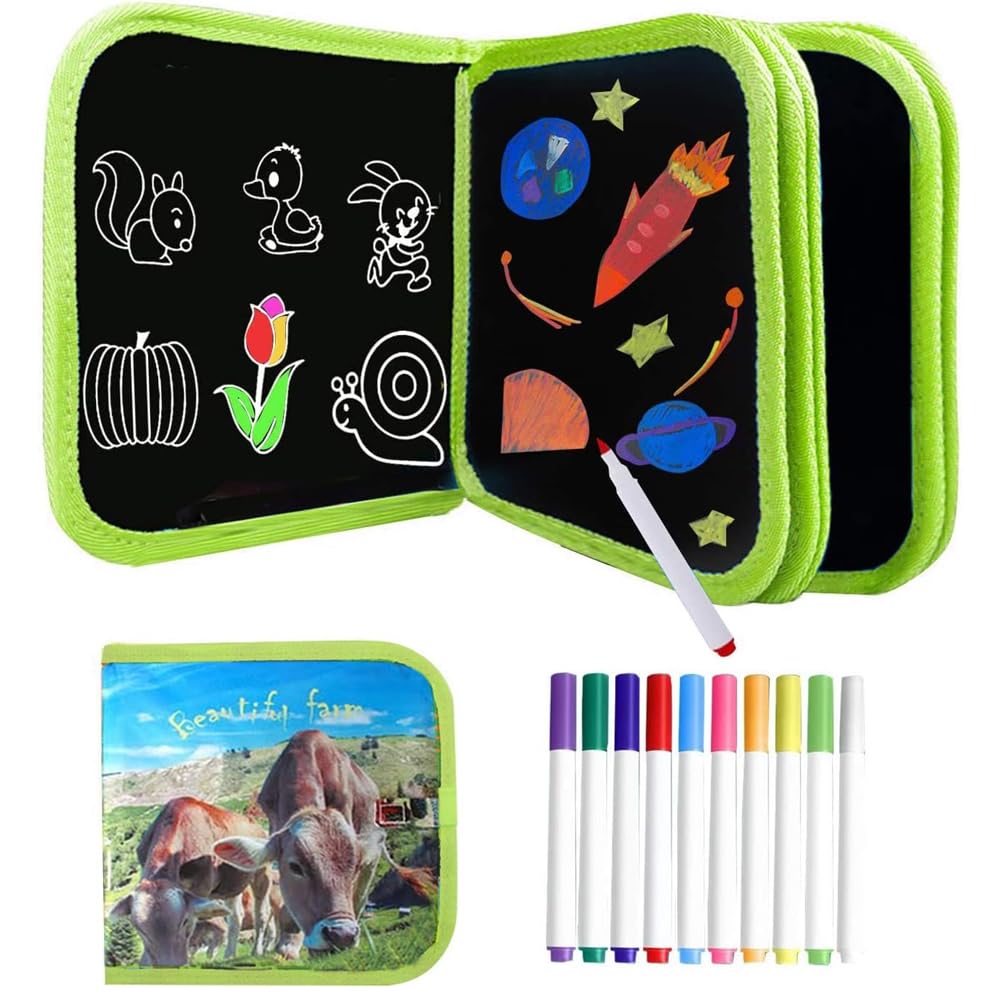 AMERTEER Erasable Doodle Book, Reusable Drawing Pad Book, Unleash Your Child's Creativity with Chalk Markers Color Pens, Gifts for Boys and Girls (Green)