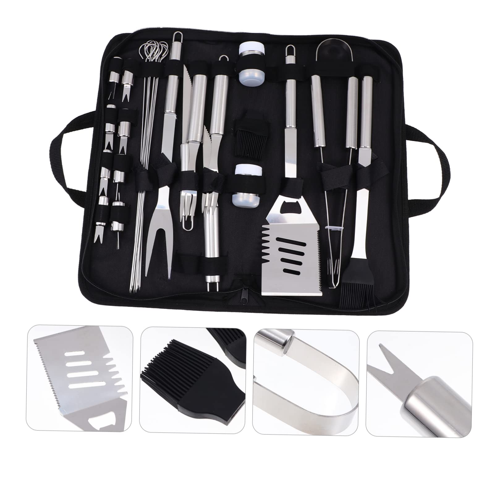 Juego de Utensilios para Barbacoa Portátil 1 Set de Acero Inoxidable | Negro, Tenedor, Cortador, Cepillo y Pala, Almacenamiento Fácil, Uso Práctico para Exterior