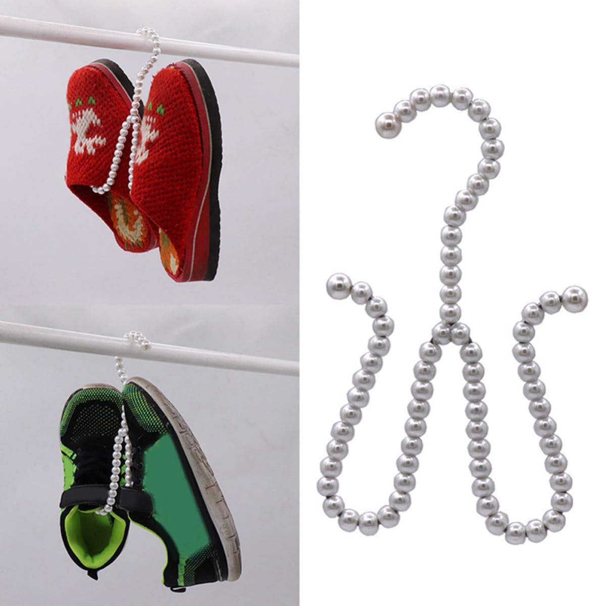 Double Hook Shoe Drying Rack with Faux Pearl Design, White ABS