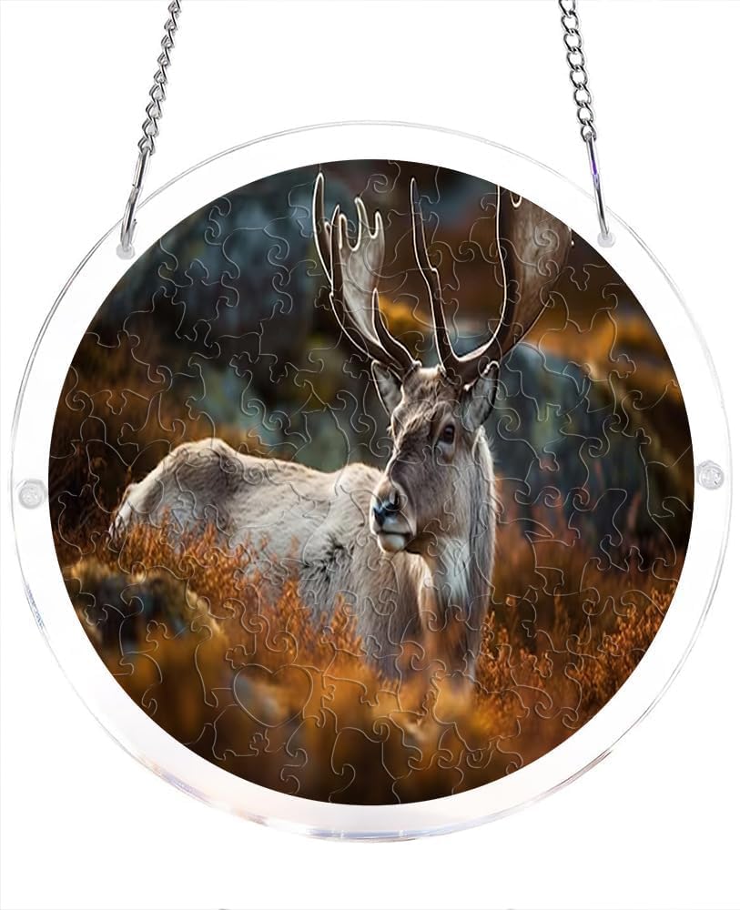 Reindeer in Autumn Forest Wildlife Acrylic Jigsaw Puzzles Suncatcher, 8.9 Inch Window Hanging Suncatcher Acrylic Puzzle, DIY Home Decor Art Gift