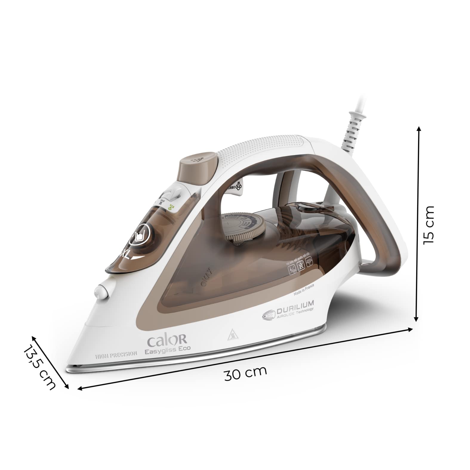 Calor Easygliss Eco Fer à repasser, 2800 W, Débit vapeur 50 g/min, Fonction Pressing 240 g/min, Jusqu'à 30 % d'économie d'énergie, Semelle Durilium Airglide, Fabriqué en France, Argile FV5780C0