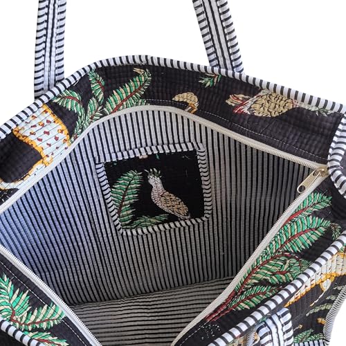 Image of 100% Cotton Jungle Print Shoulder Bag Tote Bag Women Reversible Shopping Bag and Grocery Bags Stylish Travel Bag Gift for Her