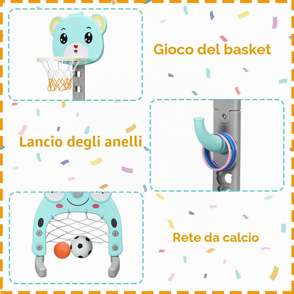 RELAX4LIFE 3 in 1 Canestro Basket per Bambini con Gioco Dell'Anello, Pallacanestro, Porta da Calcio e Golf, Altezza Regolabile 133-158cm, per 2-5 Anni (BLU)