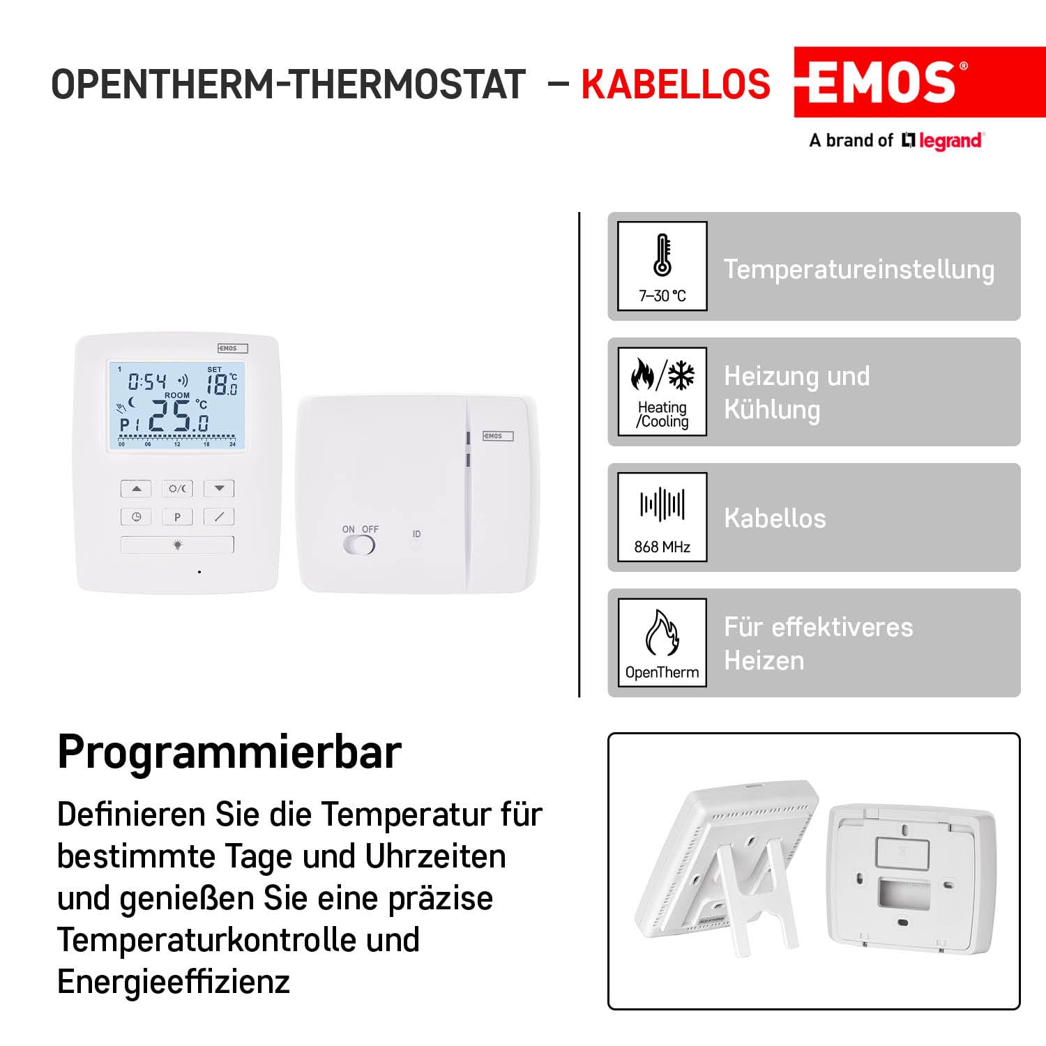 EMOS drahtloser OpenTherm-Raumthermostat, programmierbarer digitaler Temperaturregler für Heizung oder Klimaanlage, 9 Programme, Frostschutz, ON-OFF, einstellbares Differential