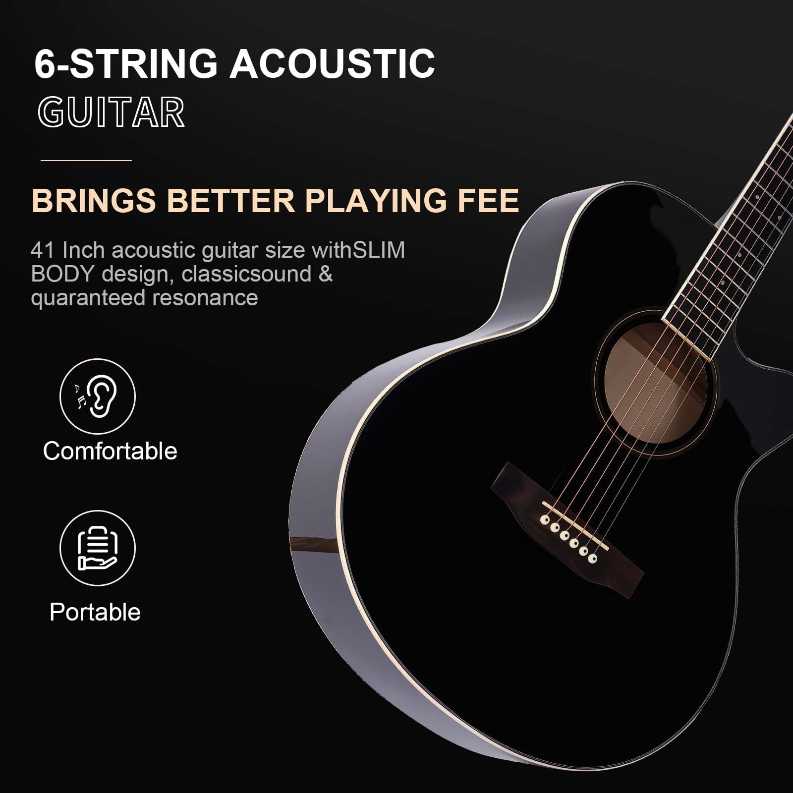 41" Acoustic Guitar for Beginner Adult Full Size Cutaway Guitarra Bundle Set-Black Bundle with Gig Bag, Tuner, Strap, Strings, Picks,Capo