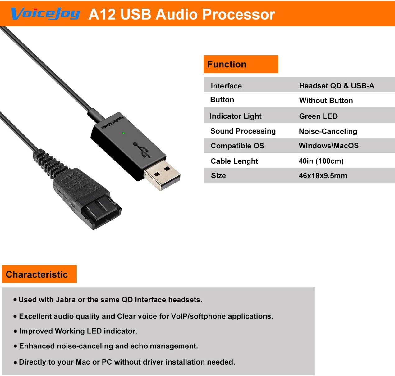 VoiceJoy USB Adapter Compatible with Jabra Quick Disconnect (QD) Wired Headset Connect Headset to PC, Laptop,Computer and Softphones