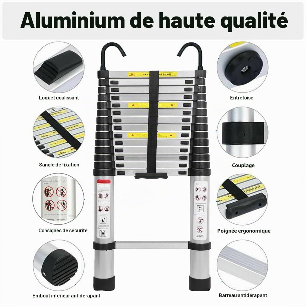 Échelle télescopique de 4,4 m avec 2 Crochets, échelle coulissante extensibl, échelle Multifonction, Facile à Transporter, capacité de 150 kg, Argent