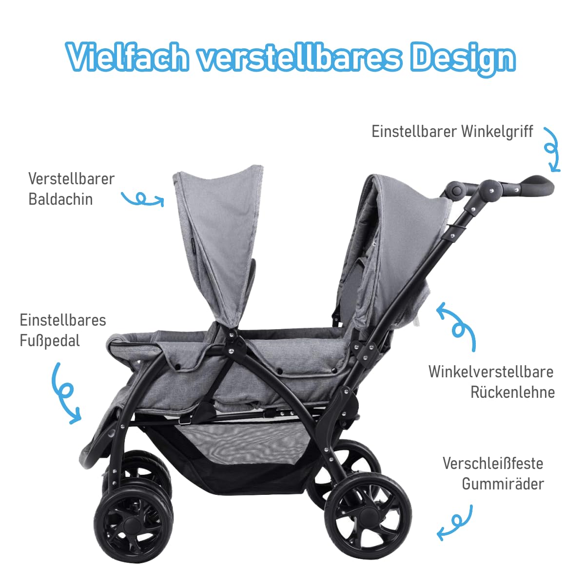 RELAX4LIFE Doppel Kinderwagen Klappbar, Geschwisterwagen mit 5-Punkt Sicherheitsgurten, Buggy Wagen mit Verstellbarem Lenker & Rückenlehne, ab der Geburt Nutzbar bis 15 kg, Grau