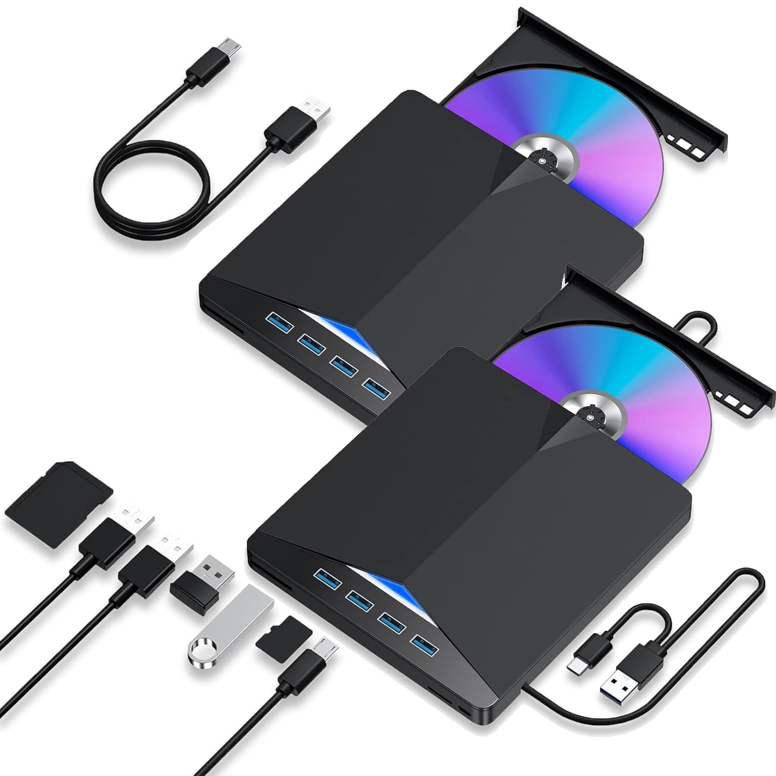 Unidad externa de CD y DVD 7 en 1, USB 3.0 tipo A y C, grabadora de CD/DVD RW ROM portátil con SD TF y 4 puertos USB, juegos, música, reproductor de DVD óptico delgado para laptop, MacBook Pro Air PC