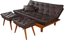 Sofa Cama Caribe Em Courino Couro Sintetico + Duas Banquetas (Marrom)