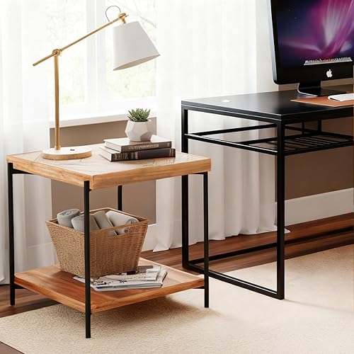 Miniatura 5 de CONSDAN StoneCreek - Mesa auxiliar de madera de abeto macizo, marco de metal, mesa auxiliar de 2 niveles para sala de estar, dormitorio, oficina,