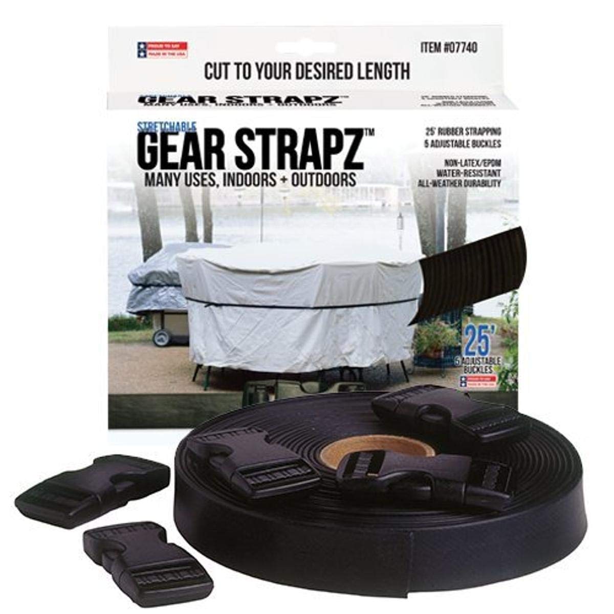 AllianceRubber 07740D Cut-to-fit, Non-Latex EPDM Rubber Gear Strapz (25' Adjustable Length with 5 Clasps Included, Black)