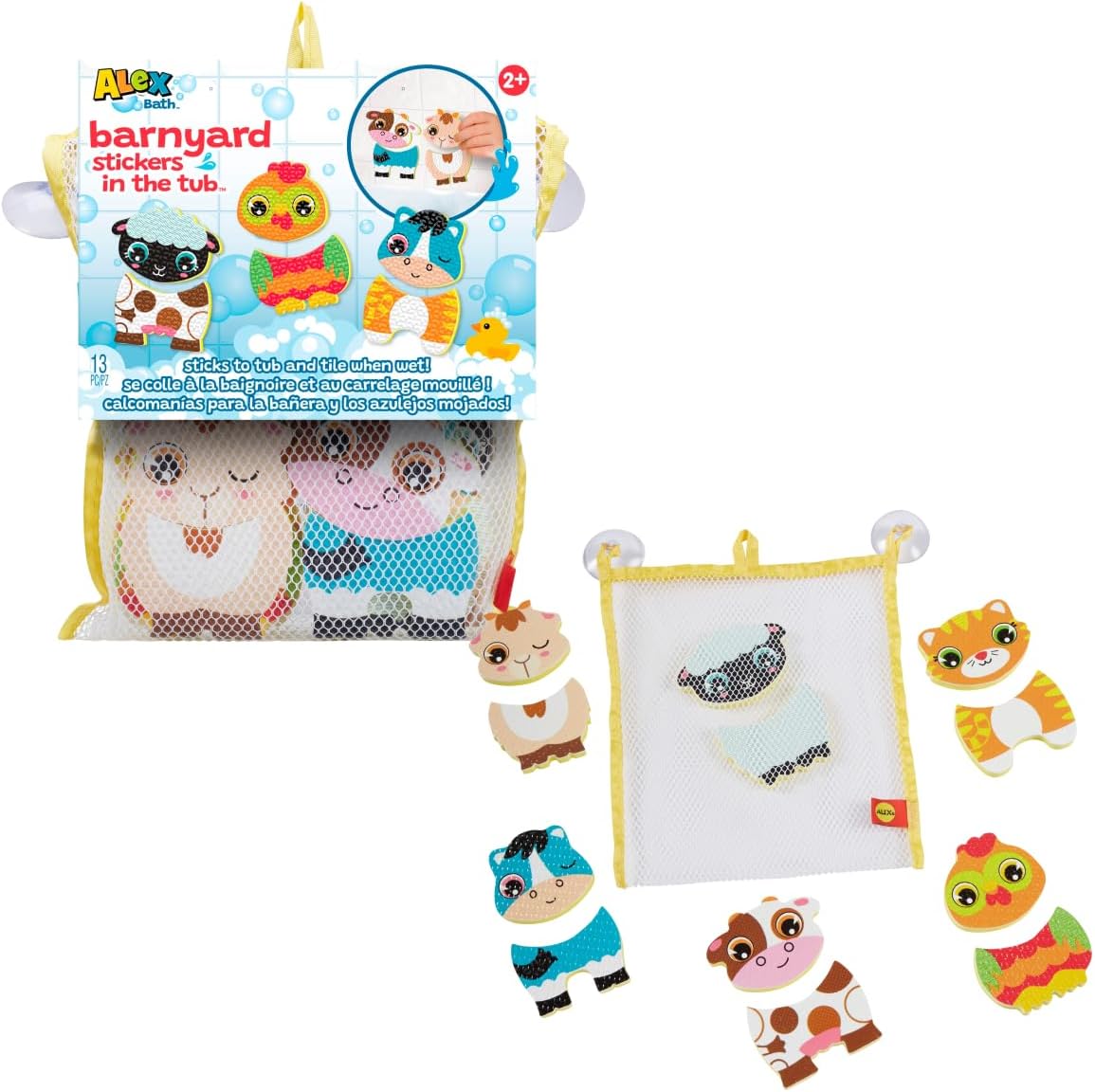 Barnyard Stickers in the Tub - Farm Animal Bath Toys for Toddlers 1-3, 12-Piece Mix and Match Bathtub Stickers, Cow Sheep Goat Chicken, Mesh Storage Bag