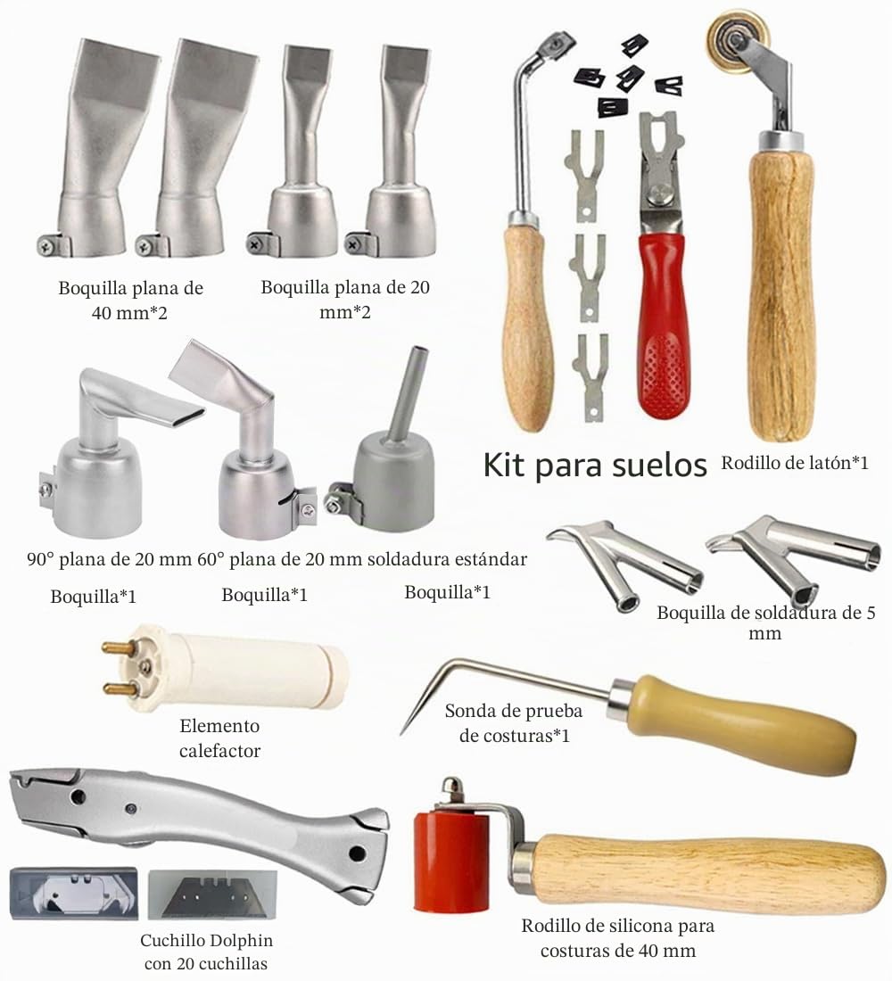 1600W Pistola de Soldadura Térmica Soldadora de Plástico Soldadora de Aire Caliente Barra, con Varias Boquillas de Soldadura, Luz Led, Rodillo de Costura De Silicona Y Rodillo de Costura De Latón
