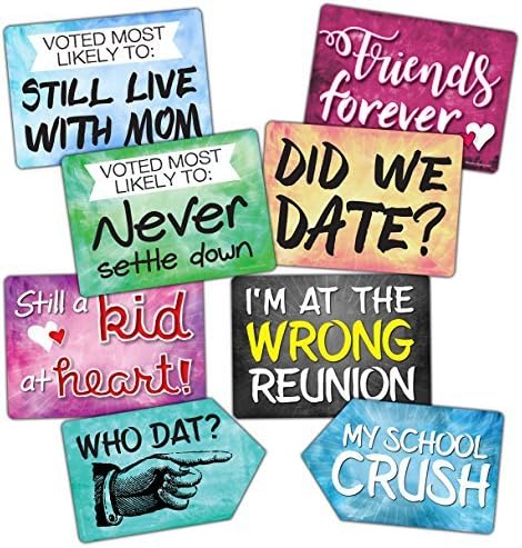 Plastic Photo Booth Prop Signs - Set of 8 Phrases - Reunion Mix - High School or College Class Reunions