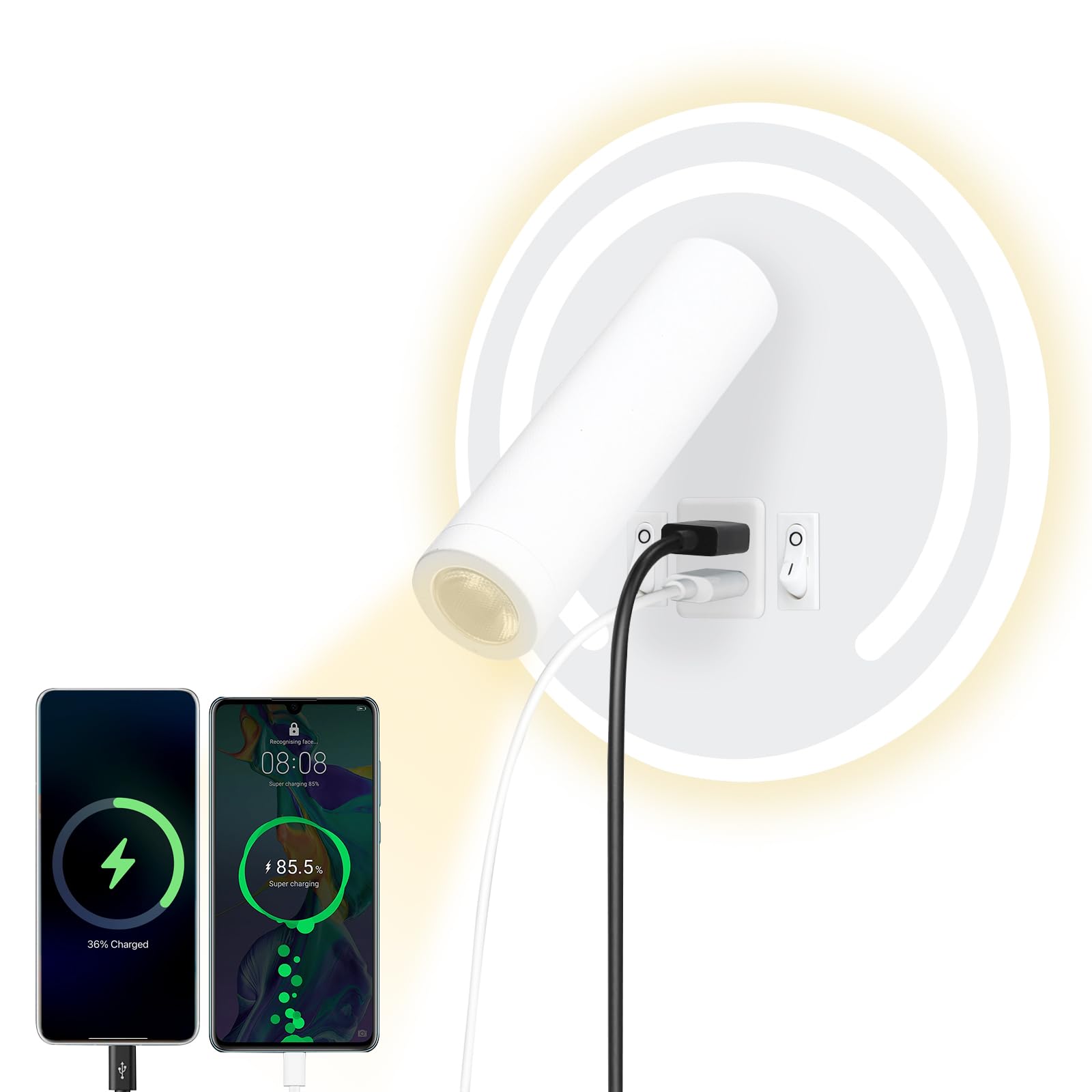 HUIZHOU Reading Wall Mounted 3W+9W LED Reading Lamp,USB Charging Port,3000K Rotating Bedside Lamp Suitable for Bedroom Stairs