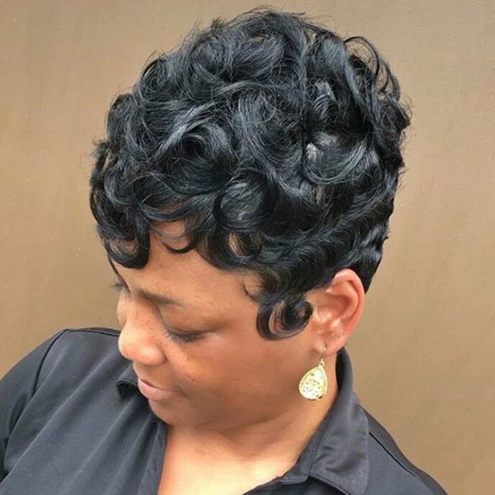 BingSing Pixie Cut Wig Natural Black Short Wigs for Black Women Short Wavy Hair Pixie Wigs with Bang Synthetic Finger Curly Hair Pixie Wig (black)
