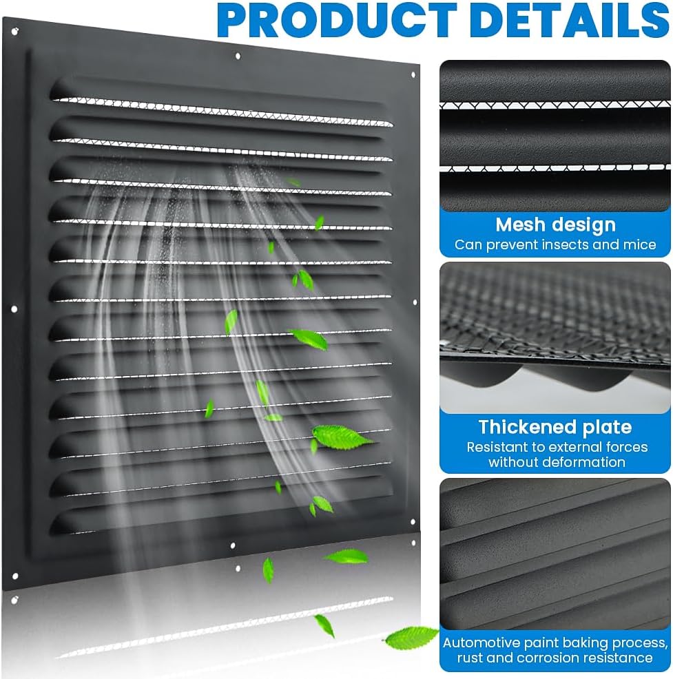 12" X 12" Gable Vents, Paintable Shed Vents with Screen Mesh, Square Vent Covers Outdoor House Attics Loft Ceiling Reinforced Square Vents Shutters Exterior Grille(Color:Black)