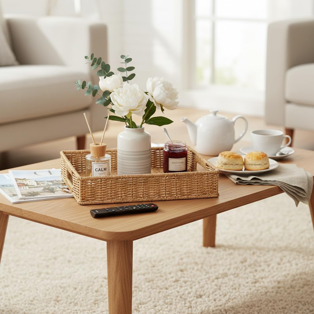 2pcs Woven Baskets Serving Trays with Handles, Poly Wicker Bread Basket Rectangular Platters for Fruit, Vegetables, Breakfast, Drinks, Snacks, Dining Coffee Table, 2 Size