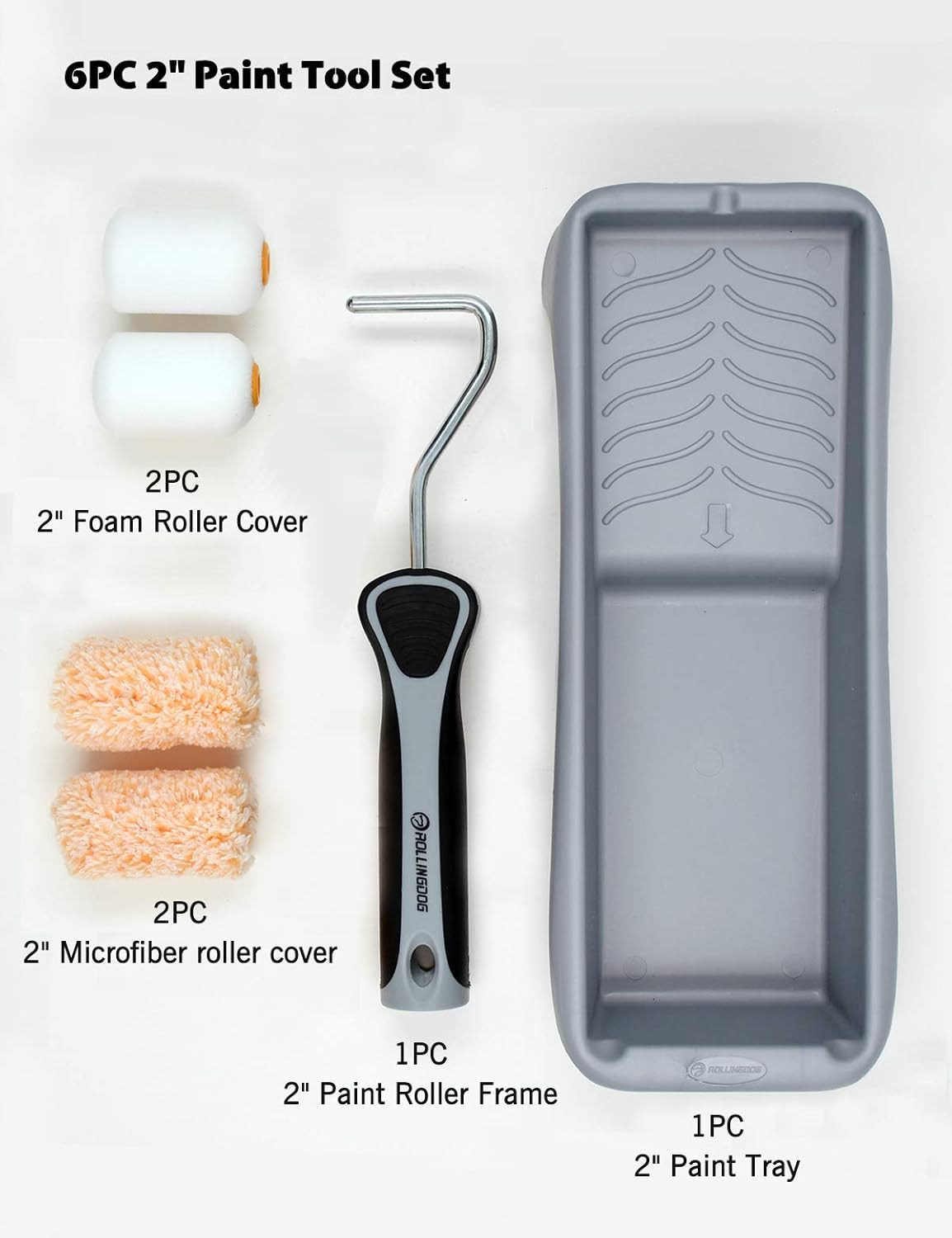 ROLLINGDOG 6 PC Mini Paint Roller Kit - 2" Roller Frame with Foam Roller, Microfiber Roller Covers, Painting Tool for Walls, Cabinets, Doors, Cupboards : Everything Else