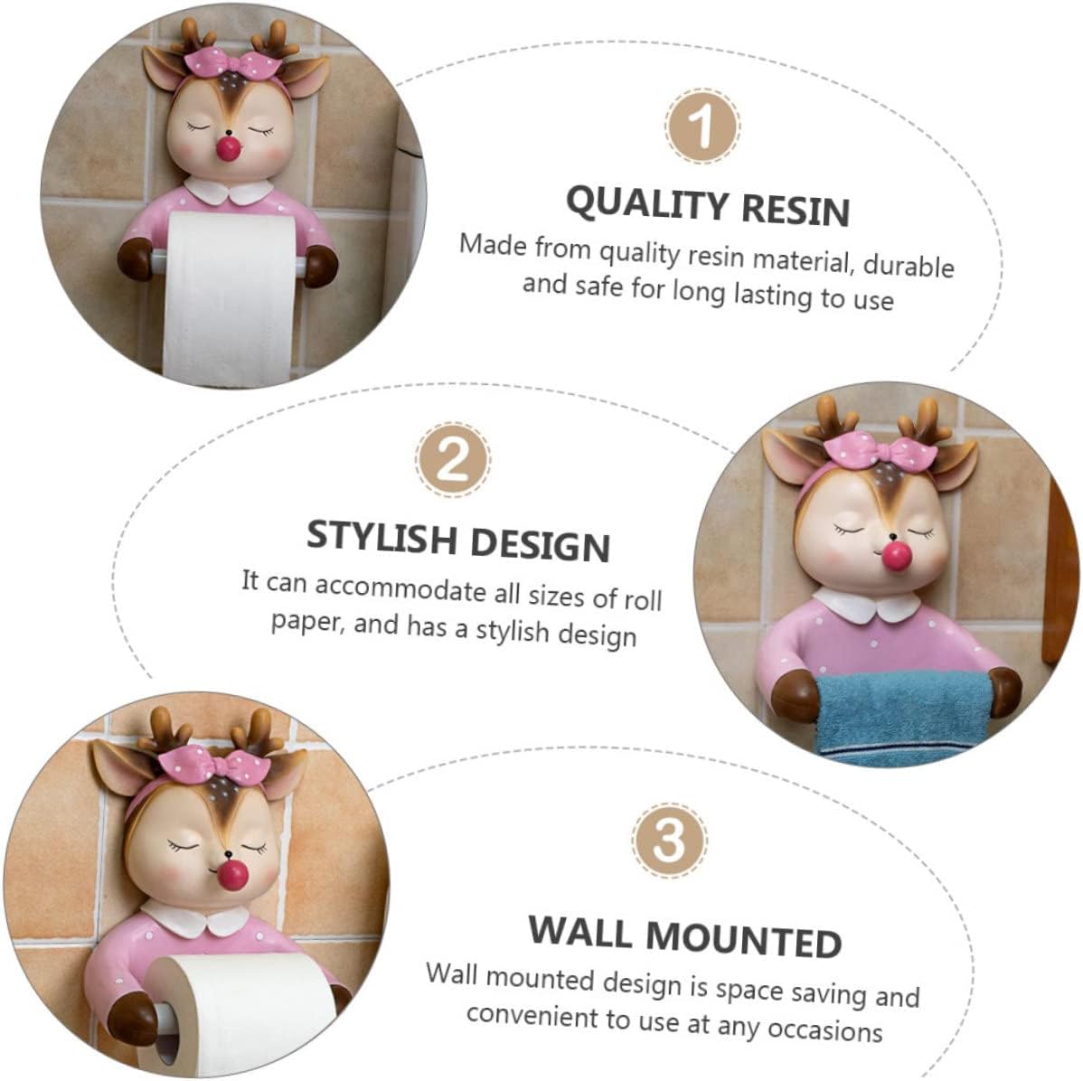 DOITOOL Wall-Mounted Cute Cartoon Toilet Paper Holder Pink Decorative Tissue Rack for Bathroom Space-Saving Lovely Deer Design Tissue Dispenser for Home Use