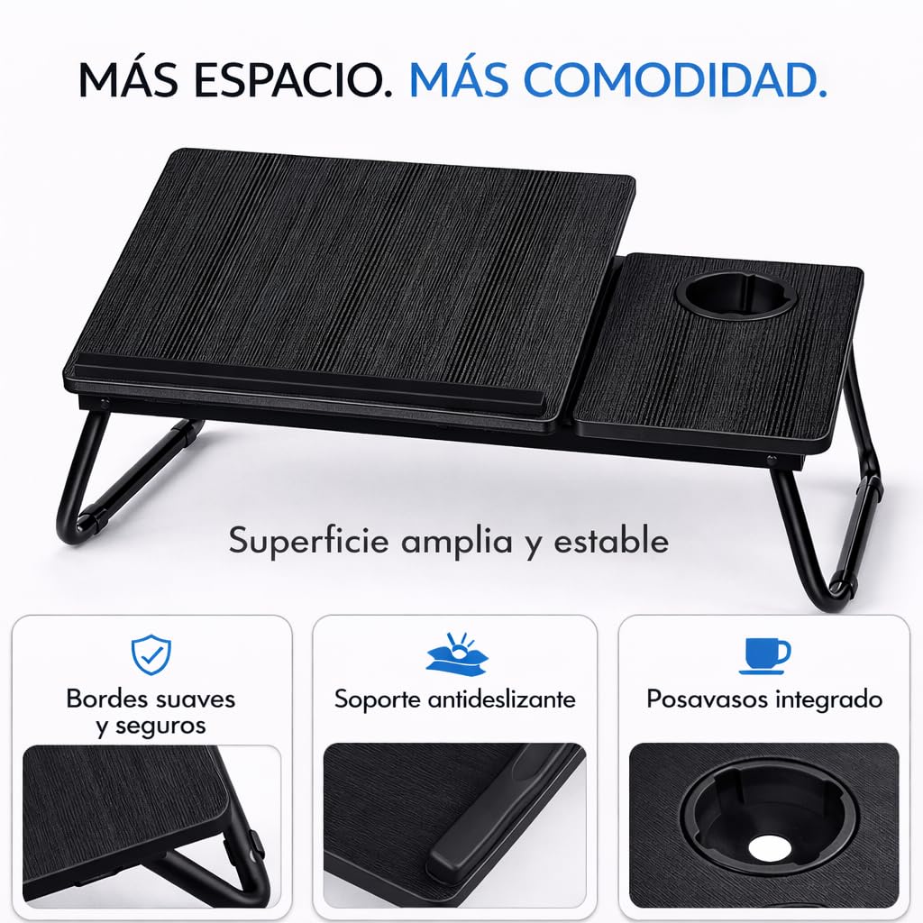 Mesa Reclinable para Cama y Sofá, Bandeja Plegable con Portavasos, Ideal para Ordenador Portátil y Libros, con Cinco Alturas, Mesita Auxiliar Multiusos de MDF, Acero y Plástico