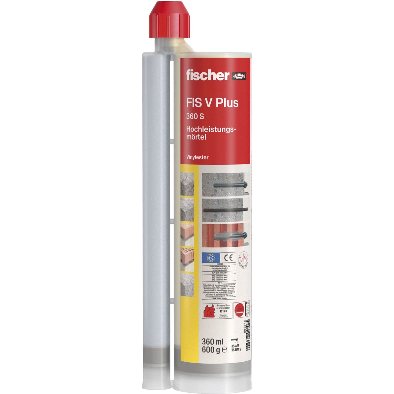 fischer High Performance Mortar FIS V Plus 360 S, Weatherproof Mortar for Indoor and Outdoor use, Assembly Mortar for Heavy Loads and All Relevant Building Materials, 1 x 360 ml Cartridge
