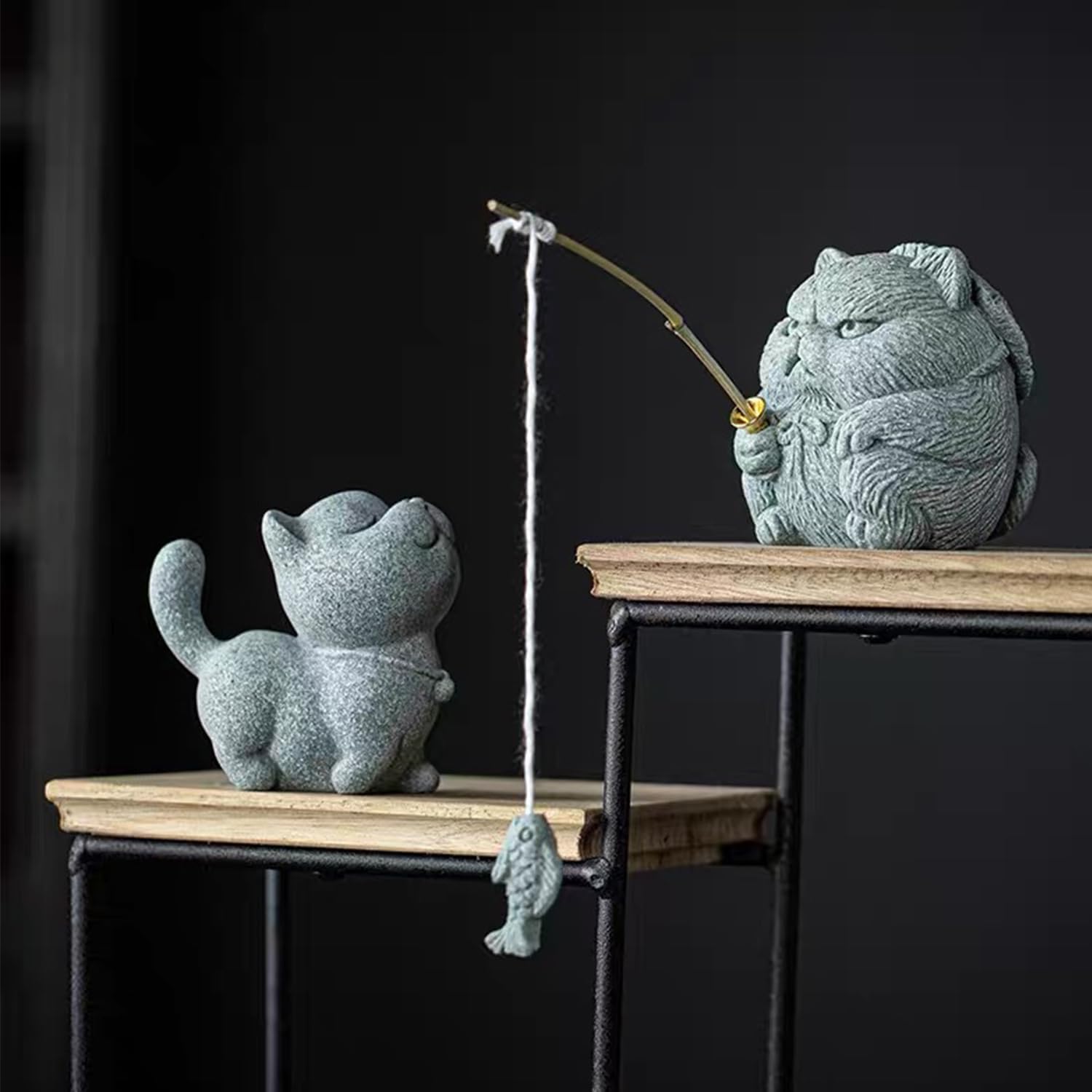 Exquisite Sandstone Warrior Cat Incense Holder (2.16”*2.36”) with Free Fishing Rod and Fish, Plus Bamboo Mat Cushion (7.28”*3.34”) (Duo)