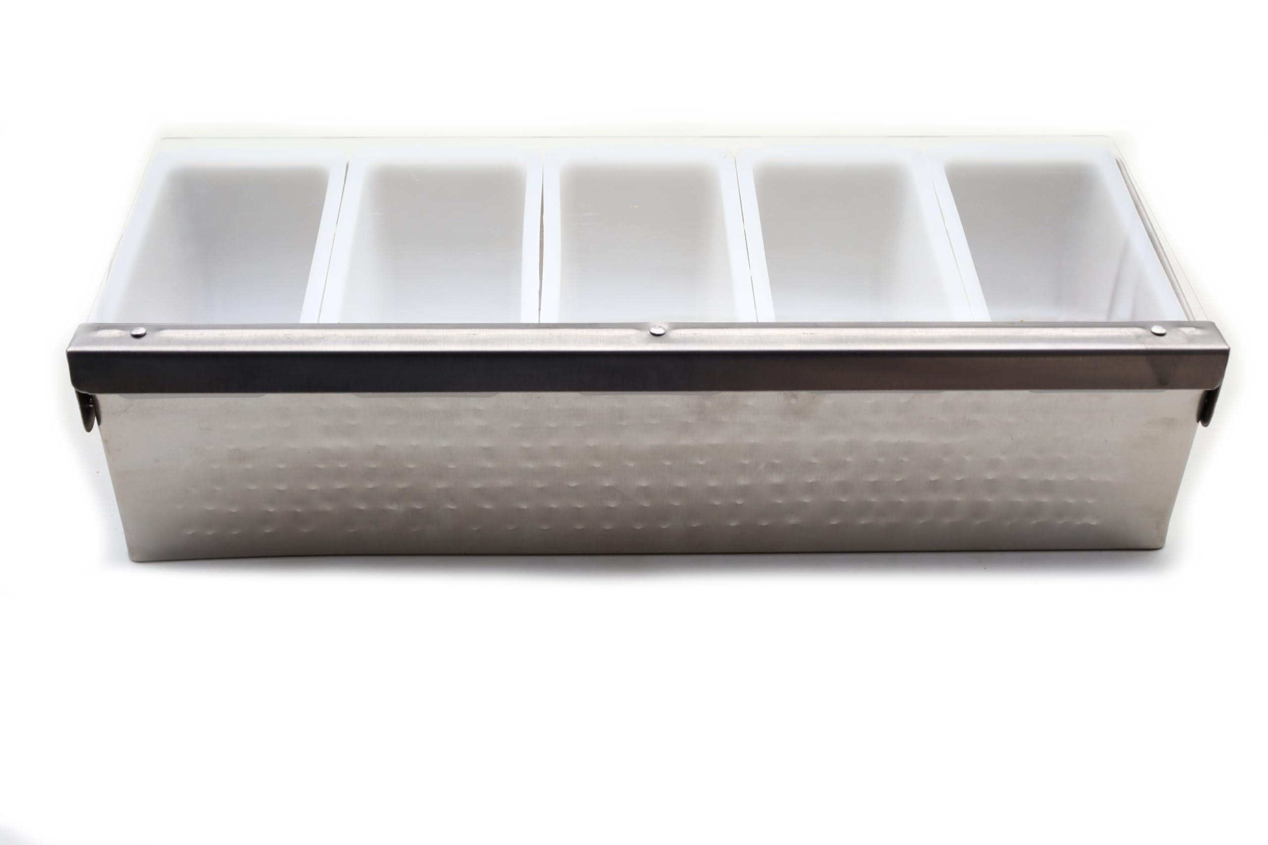 Porta Condimenti 5 Vaschette in Acciaio Inox Martellato, Dispensatore di Condimenti, Contenitore Portacondimenti con Coperchio Pizza Bar , Vassoio per Frutta Contorno e Condimento (5 scomparti)