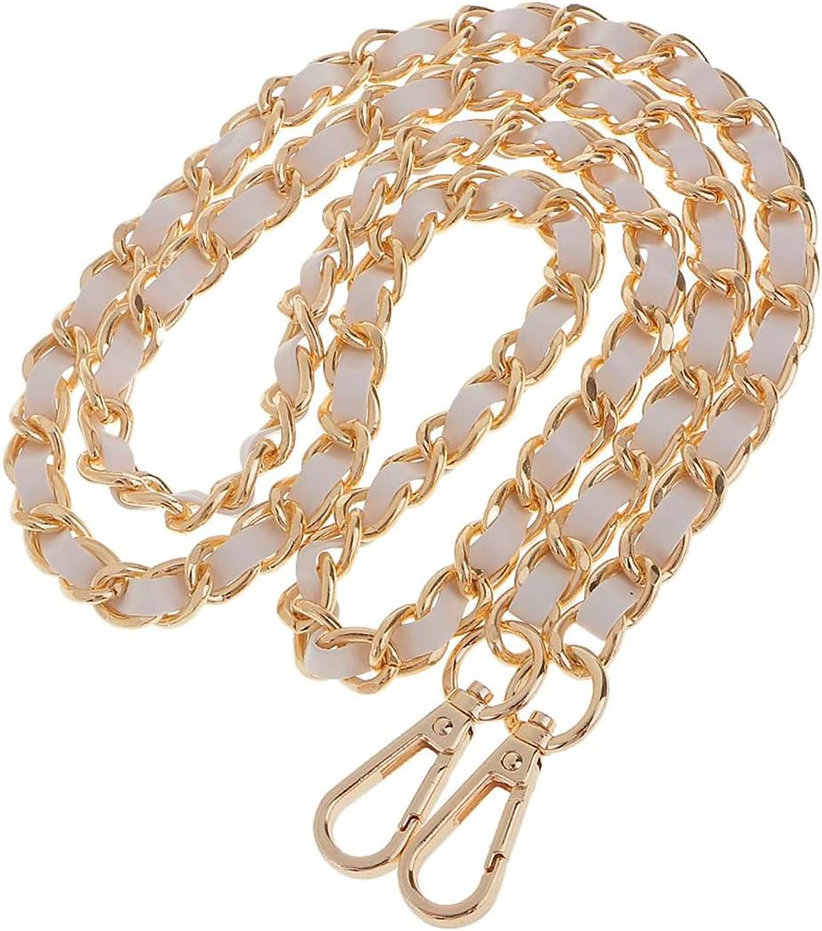 Genuine Leather Purse Straps for Handbags - 47.24 Inches Metal Chain Purse Straps Replacement Crossbody Bag White Clutch Silk Bag Gold Chain - Women Clutch Purse Crossbody Purse Strap Leather Straps