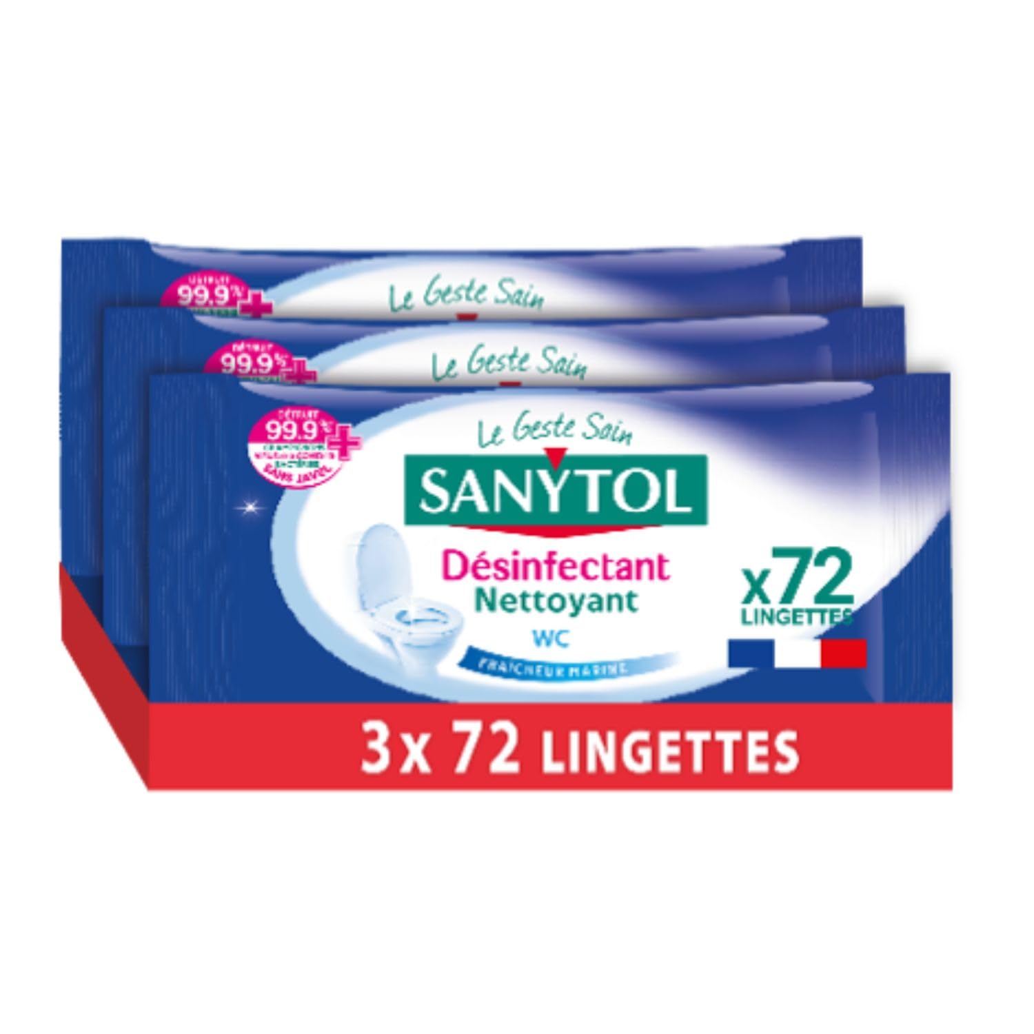 Sanytol Lingettes Désinfectantes WC Lot de 3 x 72 Bactéricide Virucide Fongicide Sans Javel Fabrication Française