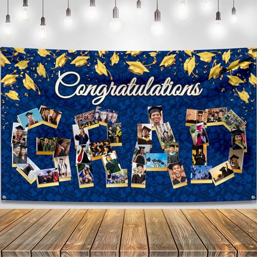 Image of KatchOn, Congratulations Graduation Photo Banner - Xtralarge, 72x44 Inch | Personalized Grad Photo Banner | Blue and Gold Congratulations Grad Backdrop | Graduation Decorations 2026