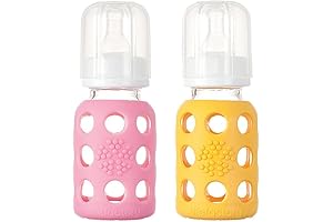 Lifefactory Glass Baby Bottle with Silicone Sleeve 4 Ounce, Set of 2 - Pink/Banana