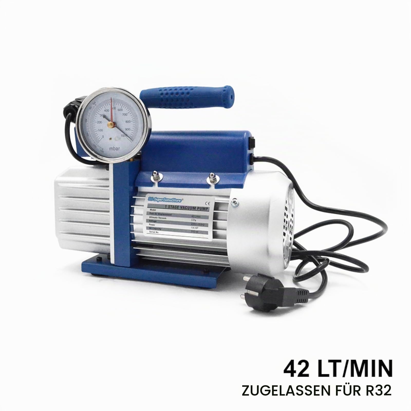 3S SuperSamaStore Einstufige Vakuumpumpe 42 Lt/Min mit Magnetventil und Vakuummeter für Klimageräte, Professionelle Vakuumpumpe für Kühlsysteme und Klimaanlagen, Zugelassen für R32-Gas | Mit Magnetventil und Vakuummeter für Klimaanlagen, Vakuumpumpe für K