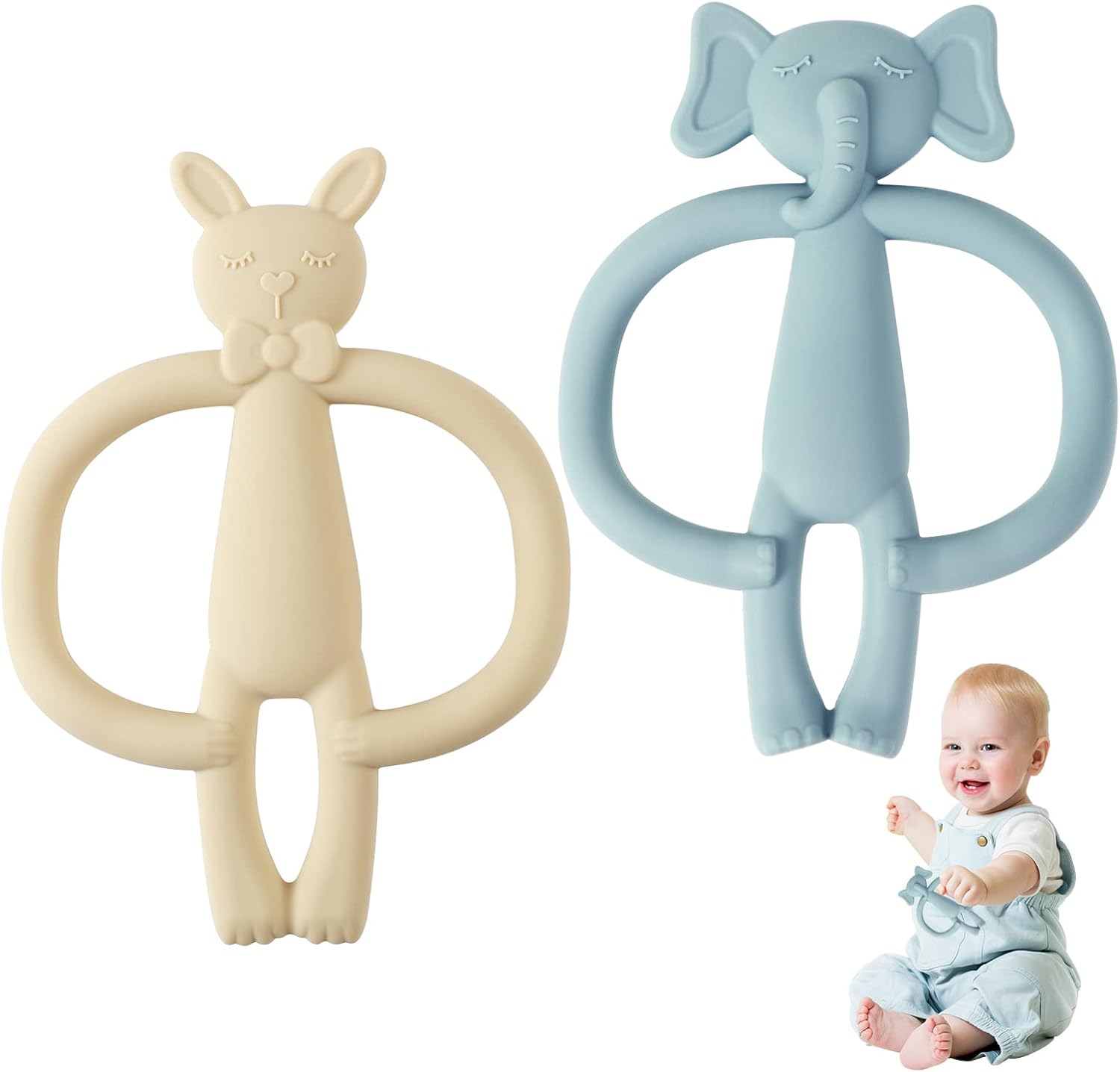 Clundoo Mordedores, 2PCS Mordedor Bebe, Mordedor de Mano Fácil de Agarrar, Juguete Mordedor de Elefante y Conejo para Bebés de 3 a 24 Meses