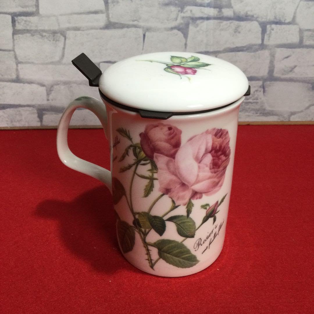 LeukerCam Redoute Rose Mug with Tea Infuser Lid Made in UK