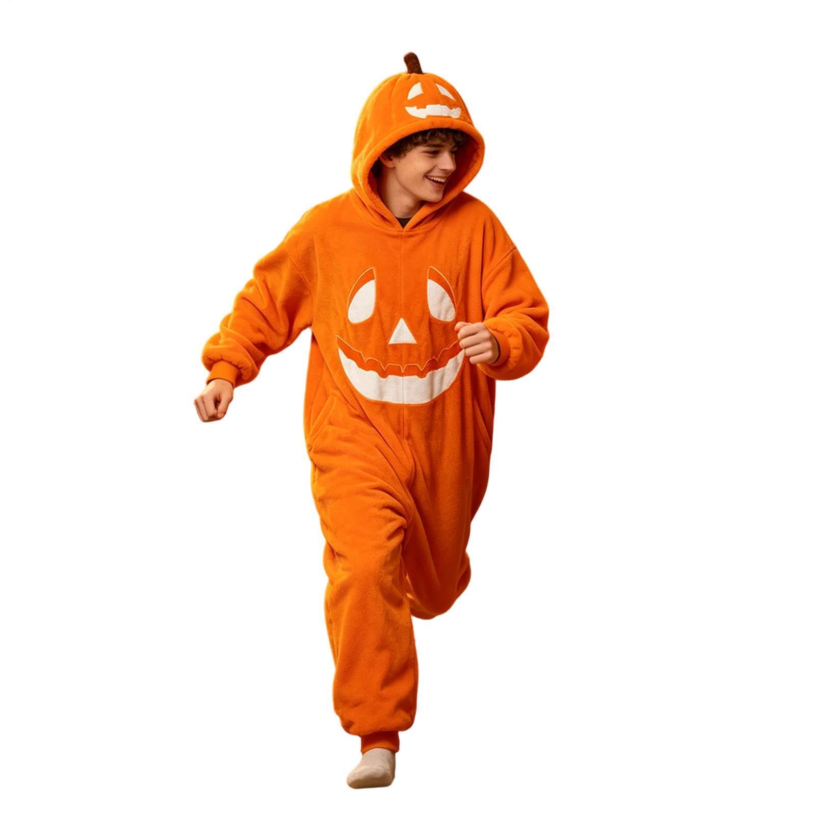 Kostium dyni na Halloween, miękki, pomarańczowy, unisex, odzież domowa z kapturem | Halloweenowy kombinezon z kapturem z dynią na cosplay, do domu, na maskaradę, koncert, karnawał, dla par rodzinnych