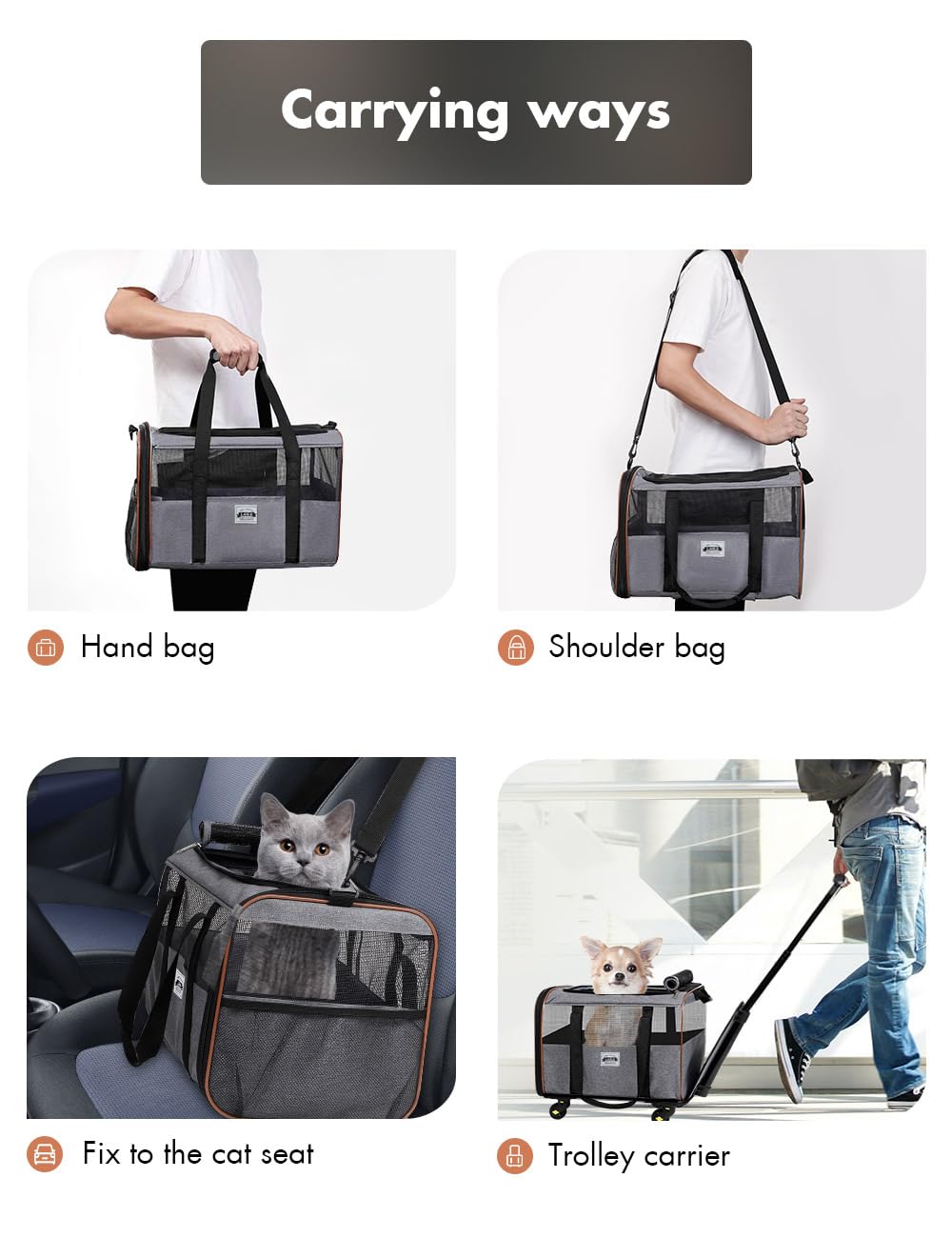 Transportín para Mascotas con Ruedas y Asa Telescópica – Bolso de Transporte para Gatos y Perros Pequeños, Aprobado para Viajes en Avión, Gris
