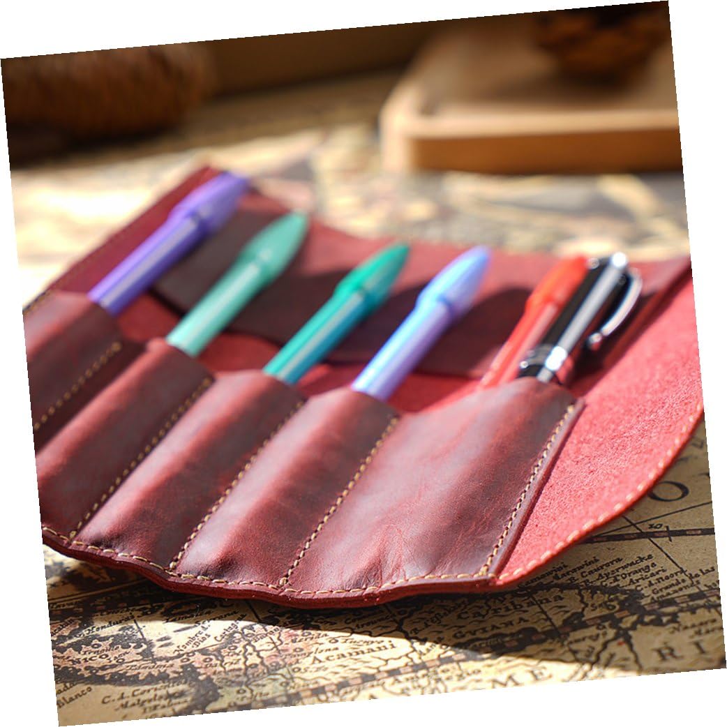TEHAUX 3piezas Funda De Cuero Vintage para Lápices y Bolígrafos Estuche De Piel De Vacuno para Organizar Instrumentos De Escritura Diseño Retro Rojo Burdeos para Uso Diario Oficina o