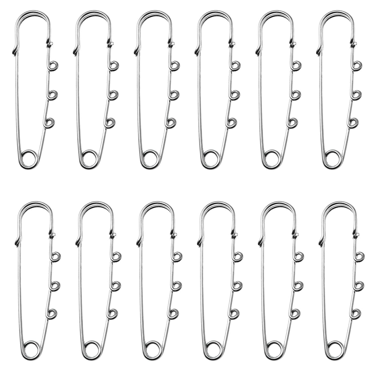 ZRM&E Safety Pin 12PCS 6.4cm /2.51inches Heavy Duty Silver Safety Brooches Kilt Pins with 3 Loops for Jewelry makingKnitted Fabric and DIY Crafts