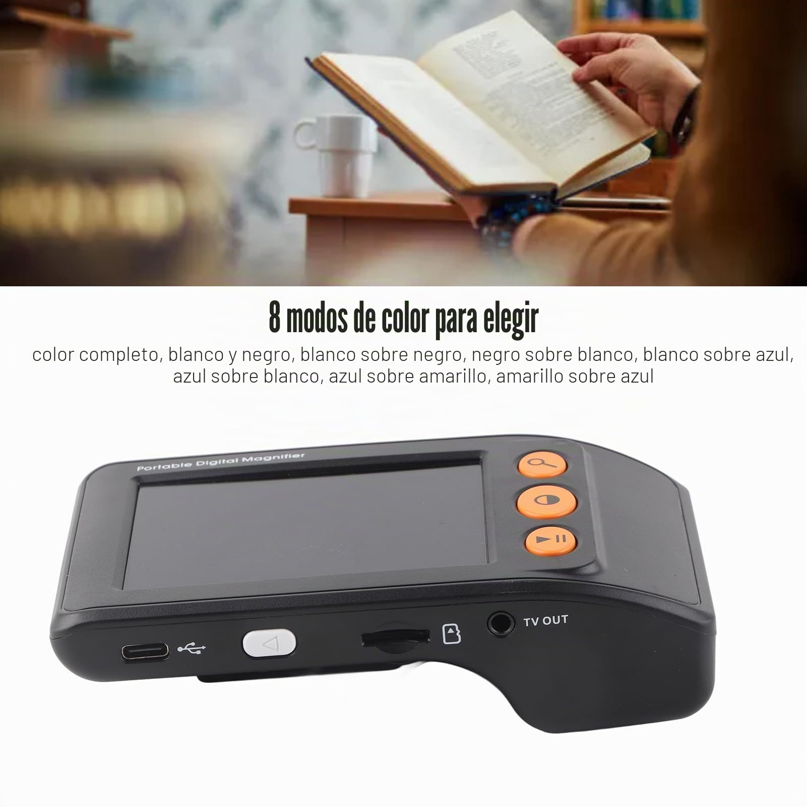 Lupa digital portátil, ayuda de lectura electrónica, imagen de alta definición, 8 modos de color con mango plegable para baja visión (BLACK)
