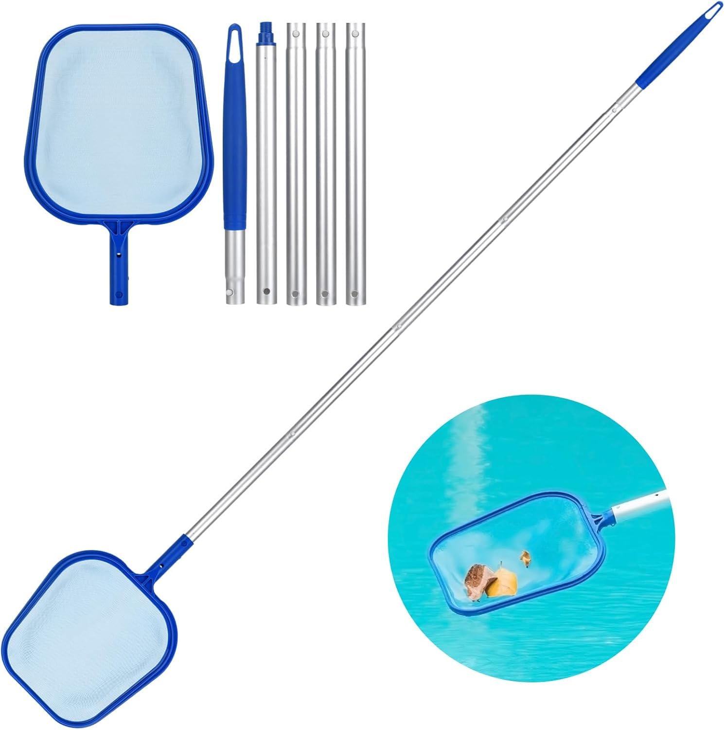 EHOTER Pool Skimmer Net Pond Leaves Cleaning Fine Mesh Rake Net 5 x Detachable Intensify Aluminum Pole Ponds Leaf Cleaner Supplies Swimming Pool Skimmers for Aquarium Fountain Hot Tub Tank (160cm)