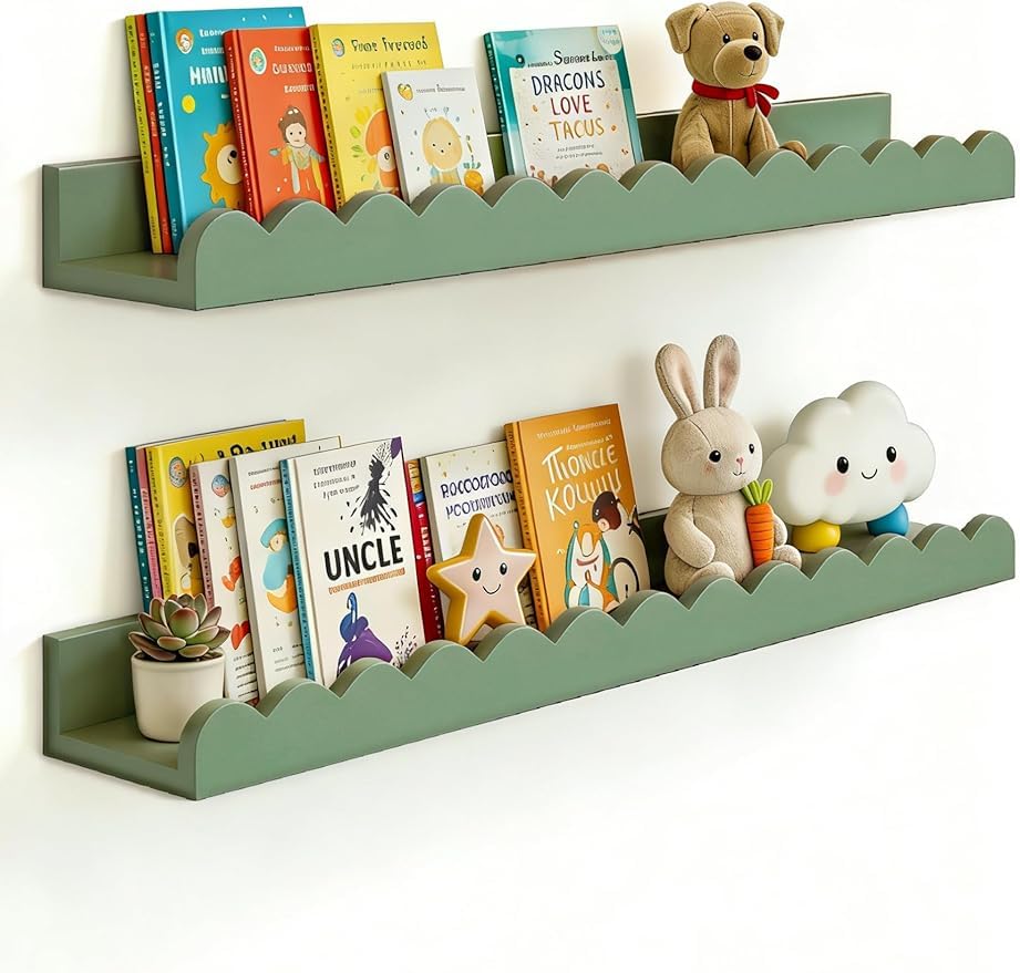 Nursery Book Shelves Scalloped Floating Shelves for Bedroom Kids, Nursery Shelves for Wall 2 Pack, Scalloped Shelf for Toddler Room, Baby Room, Sage, 18 Inch (Green)-image-48