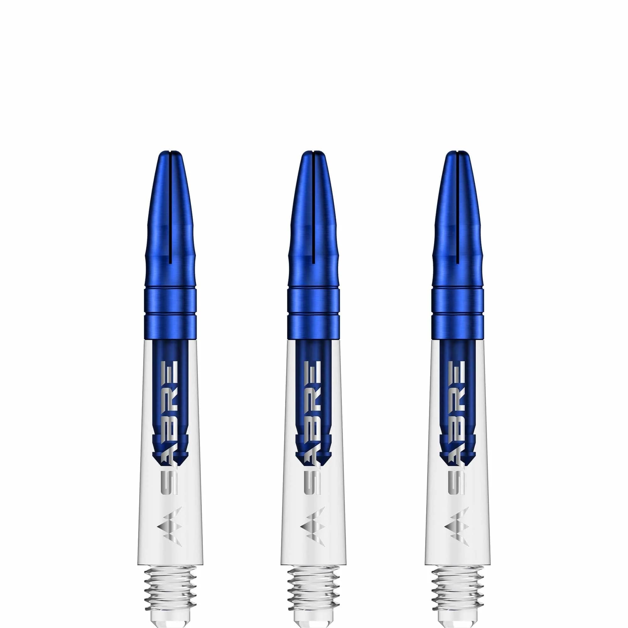 Mission Darts Sabre Shafts | Durable Clear Polycarbonate Stems with Coloured Aluminium Top | 3 Sets of 3 Shafts | Blue | Short (S1532)