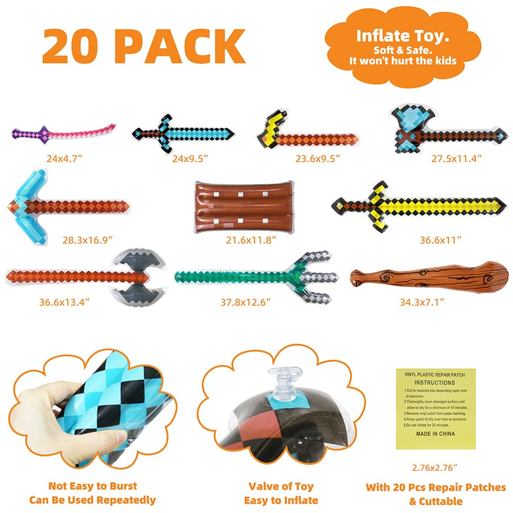 Fun 20 Pack Inflatable Weapons Toys Set Blow Up Pirate Pixel, Sword Knife Blade Hatchet Axe Shield Hoe Trident Pickaxe Shovel Caveman Stick Kid Party Favor Lumberjack Cheering Prop