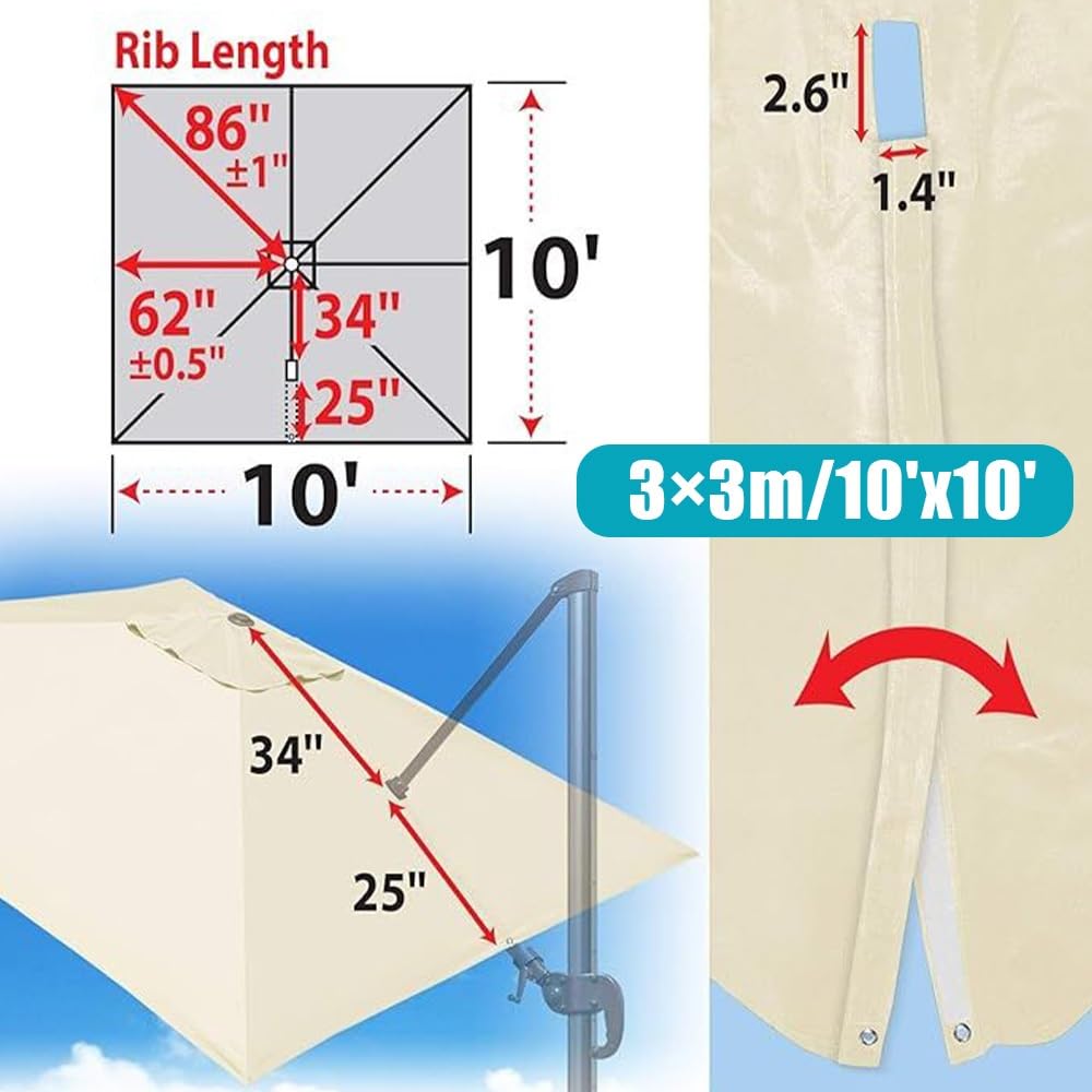 Copertura Di Ricambio Per Ombrellone Da Giardino Quadrato 3x3.0m Beige