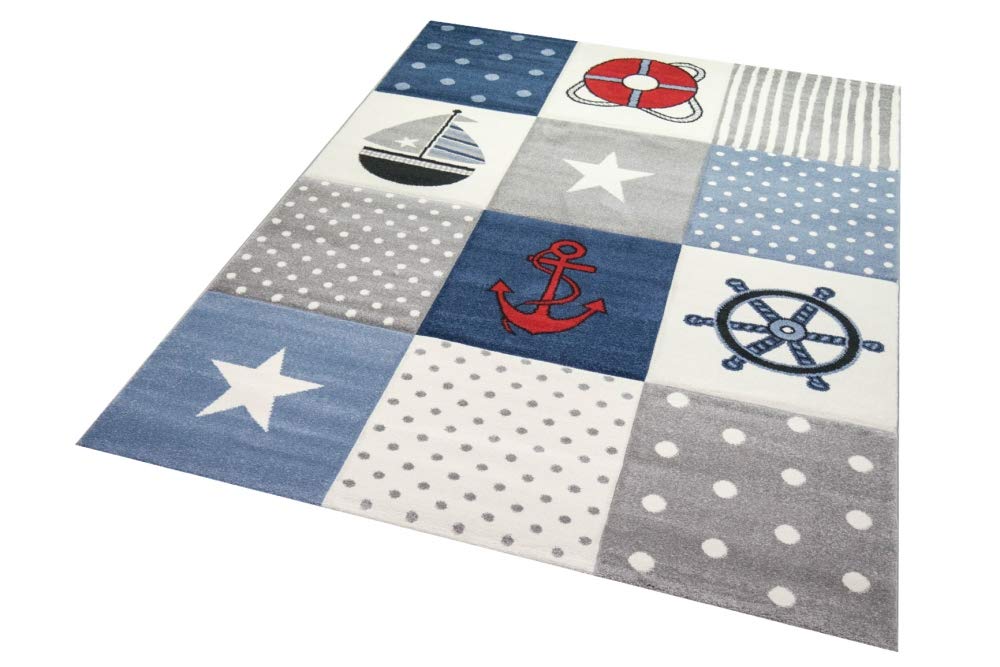 Kinderteppich Spielteppich Junge Teppich Maritim kariert in blau Creme grau Größe 120x170 cm