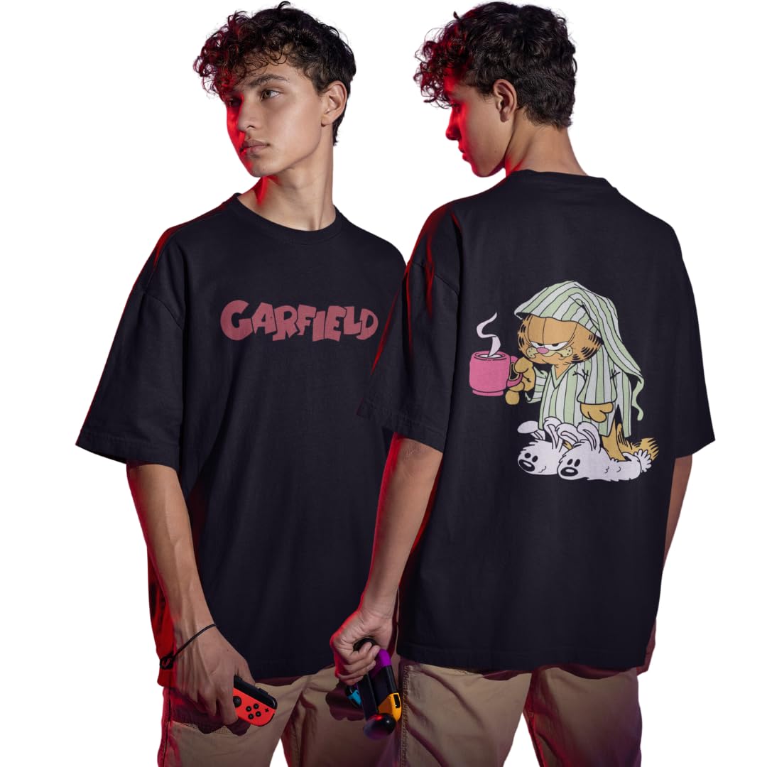 Oversized Lazy Garfield Disney Collection Cotton Graphic Print Drop Shoulder T-Shirt for Men and Women