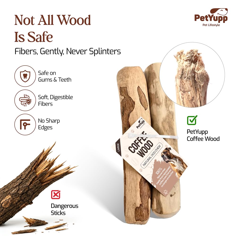Juguete masticable para perros de madera de café 100 % natural, grande, paquete de 2, juguete duradero para masticadores agresivos, promueve la salud dental, reduce el sarro y es seguro para