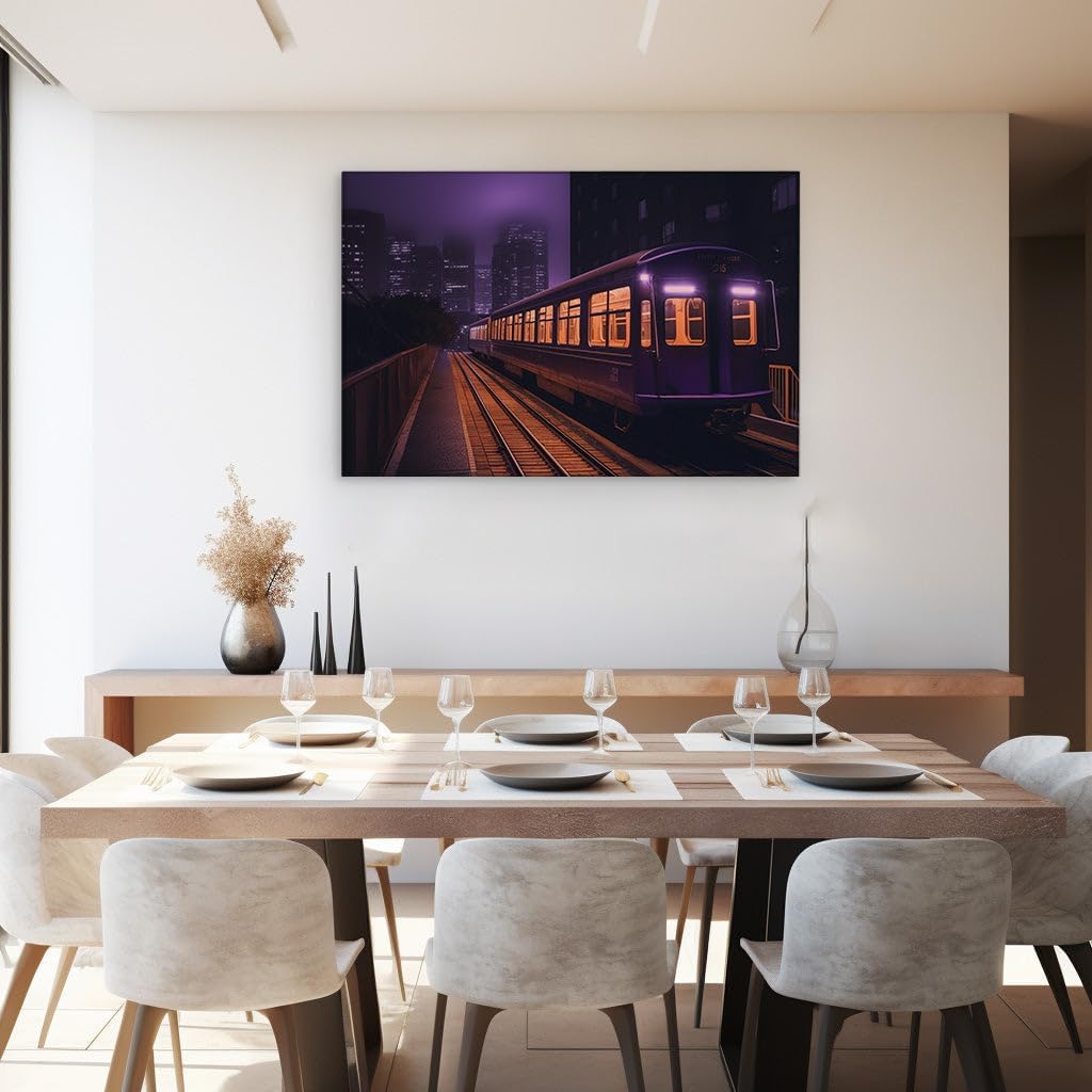 Canvas for Living room. Mystical Night Ride: The Purple Train's Urban Escape, 27 x 18 inch Canvas Wall Art - Ready to Hang